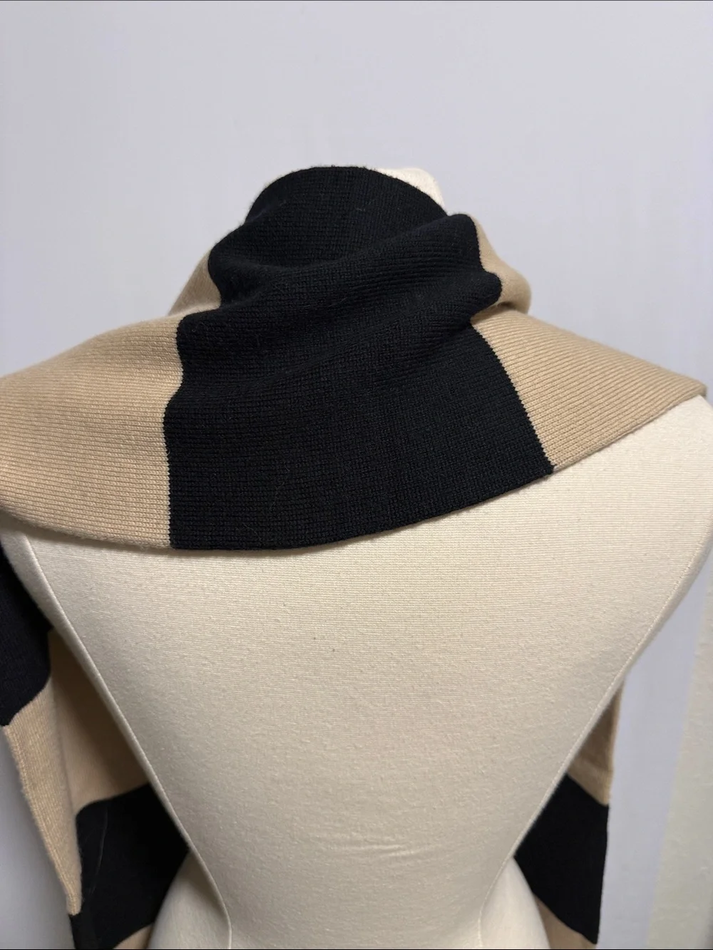 Kate Spade‎ New York 100% Wool Striped Bow Scarf Tan Black Designer Winter Wrap